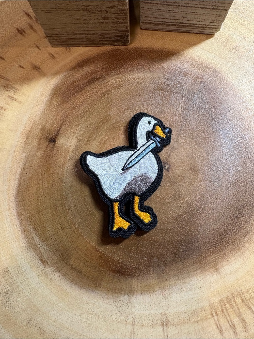 Embroidered Goose Patch with Knife Accent - White & Yellow